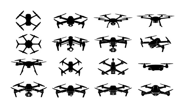 Drone silhouette collection with 16 vector icons, unmanned aerial vehicle set, black multicopter and quadcopter symbols for technology design