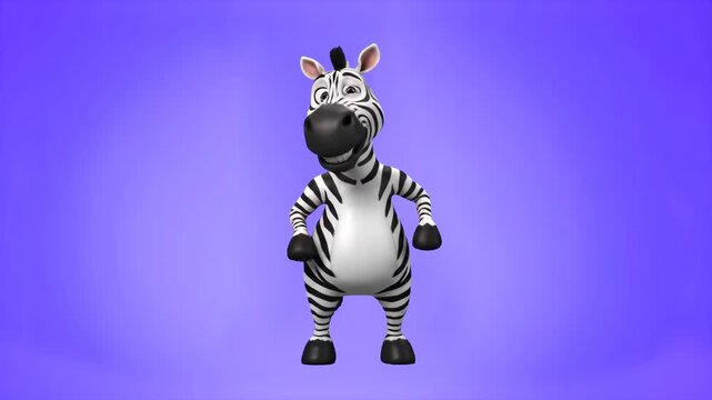 A cheerful 3D zebra character with a friendly expression performing a happy dance. High-quality 3D render on a vibrant purple studio background, perfect for fun and energetic video content.