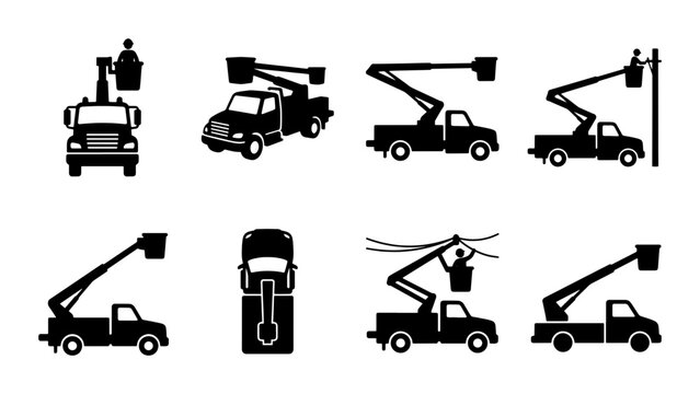 Bucket truck silhouettes set, industrial cherry picker vehicle icons, utility lift truck vector collection for construction and maintenance work