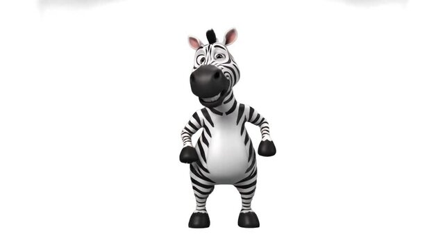 A cute and cheerful stylized 3D character of a striped zebra standing and smiling confidently. Placed against a plain white backdrop, this animal asset is ideal for educational children's content, zoo