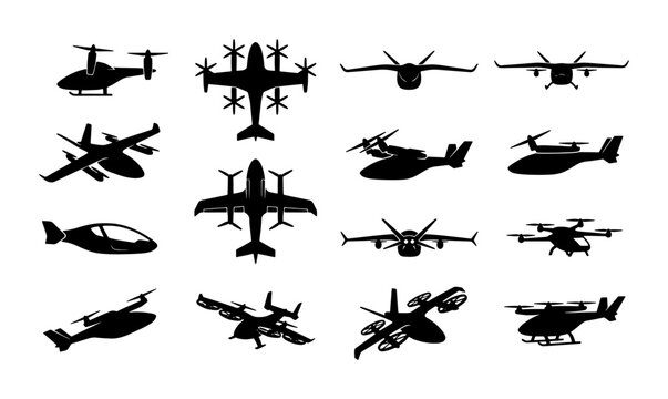 Futuristic eVTOL aircraft silhouettes, set of 14 electric vertical takeoff and landing vehicle icons, modern air taxi and drone transport vector graphics