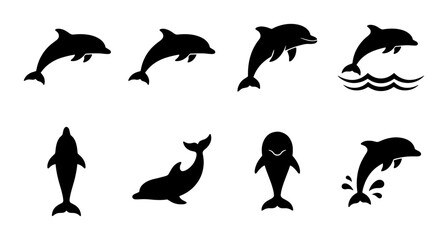 Dolphin silhouette collection, set of 8 black marine animal icons, jumping aquatic mammal vector graphics for ocean conservation and summer travel branding © Jahangir