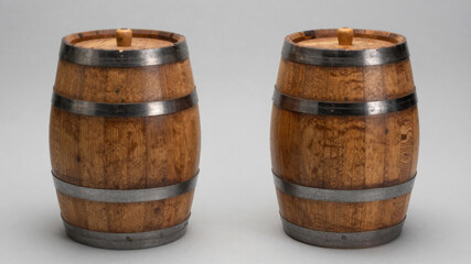 Fototapeta premium Two wooden barrels in rustic studio composition presenting vintage storage containers and traditional handcrafted design concept