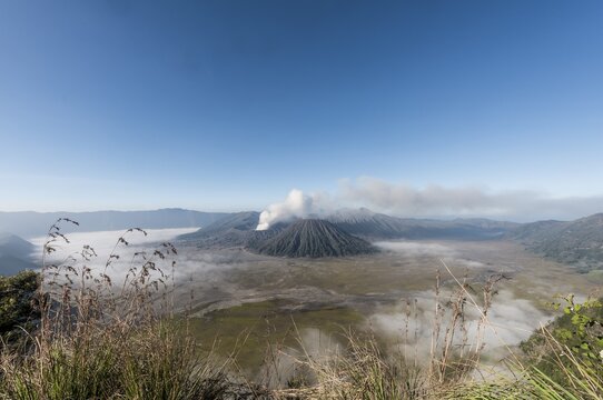 Mount Bromo volcanic clouds, morning atmosphere, Mount Batok, Mount Kersi, Mount Semeru, Bromo Tengger Semeru National Park, East Java, Indonesia