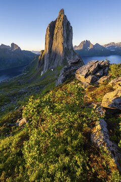 Morning atmosphere, steep mountain Segla, fjord Mefjorden with mountains, island Senja, Troms, Norway
