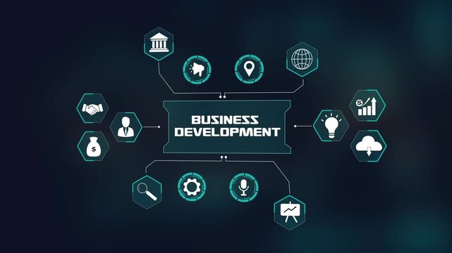 Business development analytics hud, futuristic technology interface, digital infographic with hexagon nodes, corporate growth strategy concept.