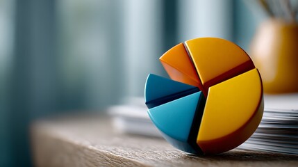 Fototapeta premium Colorful pie chart model on a desk in a modern office setting.