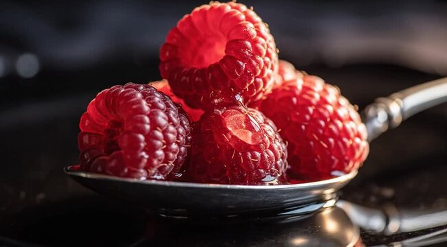 Juicy Crimson Raspberries on Silver Spoon