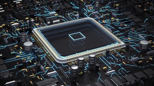 3D Animation of CPU Chipset with Data Flow on Circuit Board in Dark Grainy Style