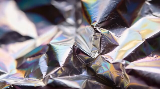 Shifting lighting causing iridescent foil showing rainbow glints and ridges sharpening, studio