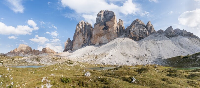 Northern walls of the Three Peaks of Lavaredo, Lake near Col Forcellina, Sesto Dolomites, South Tyrol, Trentino-South Tyrol, Alto-Adige, Italy