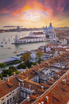 Evening atmosphere, dramatic sunset at the Grand Canal, Basilica Santa Maria della Salute, Venice, Veneto region, Italy
