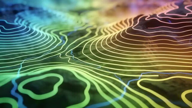 Showing neon terrain reacting to marker expanding in studio contours rippling blue streams moving