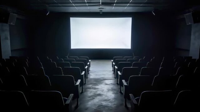 Flickering white screen preparing for screening, casting glow down central aisle with rows of seats