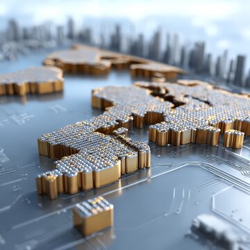 Digital map of the world featuring metallic elements and circuits.