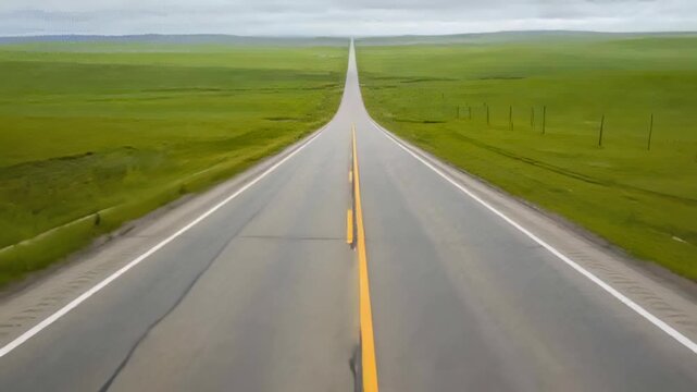Starting camera, centered two-lane highway advancing toward horizon with yellow centerline, poles