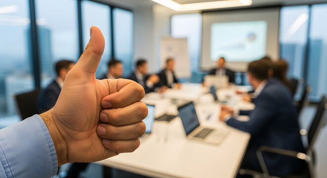 Close up thumbs up gesture of approval for business success in a modern office space with office people in the background