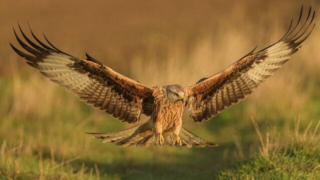 Red kite (Milvus milvus), flying over a meadow in first light, Extremadura, Spain