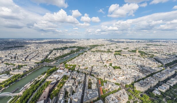 View across city from Eiffel Tower, Seine River, ParisIle-de-France, France