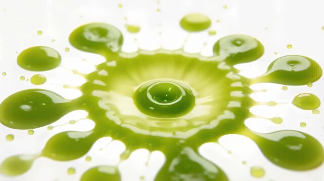 Colliding falling green droplet creating jet and crown on shallow pool, studio, ejecting beads