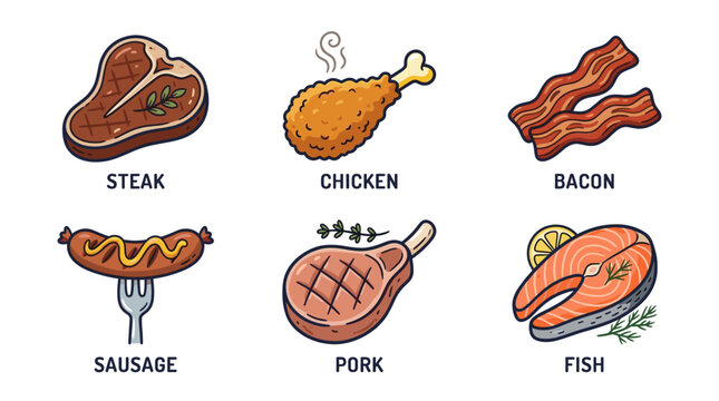 Colorful Meat Products Doodle Illustration Set for Cooking and BBQ