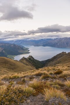Lake Hawea and mountains, view from the Isthmus Peak Track, Otago, South Island, New Zealand, Oceania