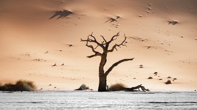 Dead camel thorn trees (Vachellia erioloba), red sand dunes, white salt pan, Dead Vlei, Sossusvlei, Namib Desert, Namib-Naukluft Park, Namibia