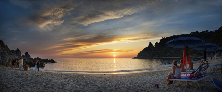 Panorama on the sandy beach and bay Capo Vaticano at sunset, Capo Vaticano, Calabria, Italy