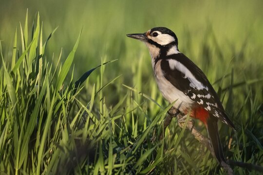 Great spotted woodpecker (Dendrocopos major) sitting on a branch in a meadow, Baden-W&uuml;rttemberg, Germany