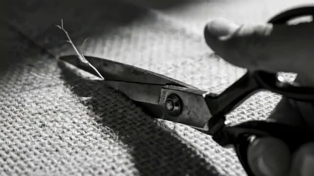 Cutting metal scissors entering right trimming frayed thread on studio bench, tidying burlap weave