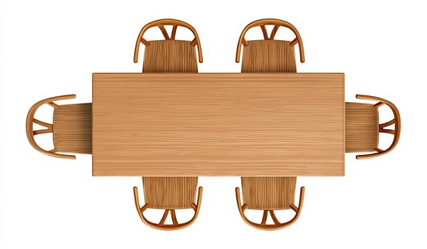 Overhead view of a wooden rectangular table with six matching chairs
