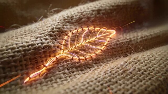 Pulsing filament in stitched leaf sending glow along veins on burlap spawning sparks, settling glow