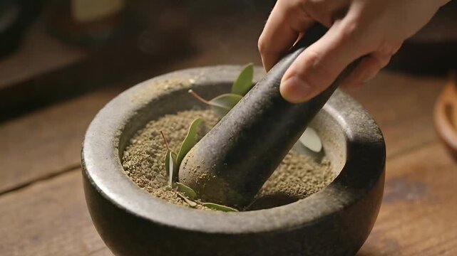 Bringing pestle down, hand grinding green leaves into powder in stone mortar on tabletop for herbs