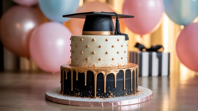 AI-generated graduation themed celebration cake with cap topper and pastel balloon party background