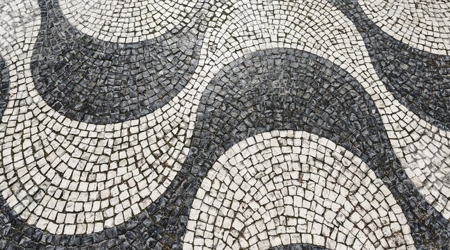 Wavy pattern in pavement, black and white, cobblestones, Rossio, Lisbon, Portugal
