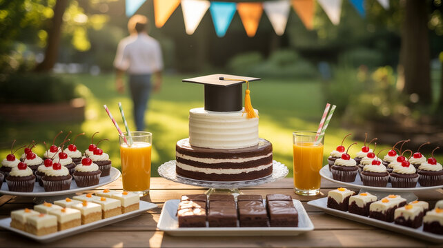 AI-generated outdoor graduation dessert table with cake sweets and festive bunting for academic celebration