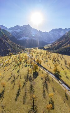 Karwendel, aerial view, Gro&szlig;er Ahornboden in autumn, yellow sycamore, Ri&szlig;tal in der Eng, Tyrol, Austria