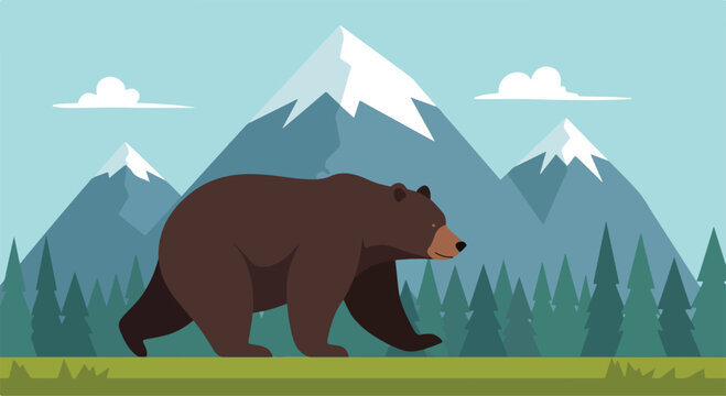 A large brown bear walks in a forest with mountains