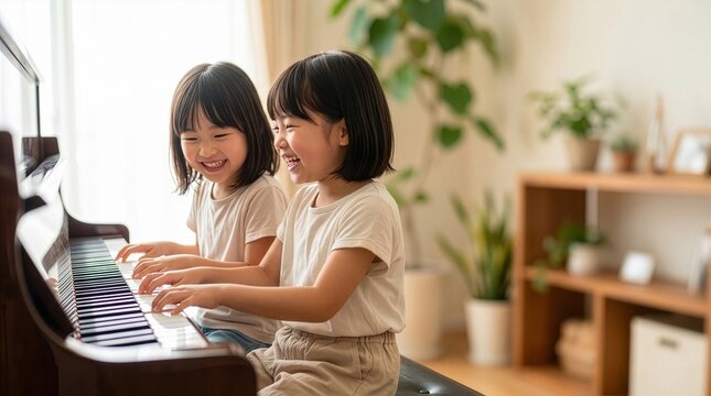 Close up of two Japanese girls playing piano duet 