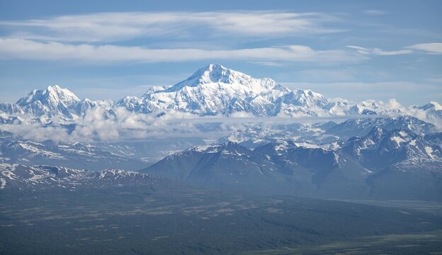 Clouds over high mountains, Mt Denali or Mount McKinley, aerial view, Alaska Range, Denali National Park, Alaska, USA