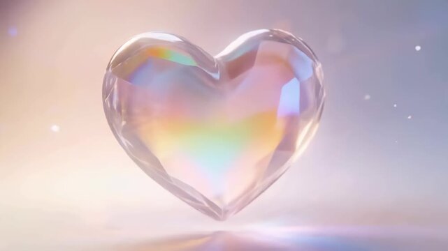 Rotating faceted crystal heart following camera shift at pastel backdrop, casting prism reflection