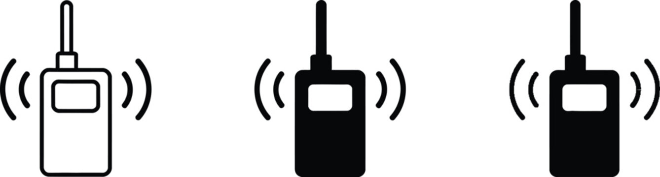 Walkie talkie icon set representing wireless communication, emergency safety alert, security guard radio device in clean vector illustration style