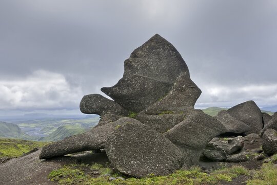 Bizarre tuff rocks along the trail from &THORN;akgil canyon to Hoef&eth;abrekkajoekull glacier, &THORN;akgil, Iceland