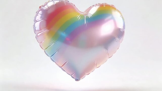 Rotating heart-shaped foil balloon bobbing in studio from soft draft, revealing rainbow band, seams
