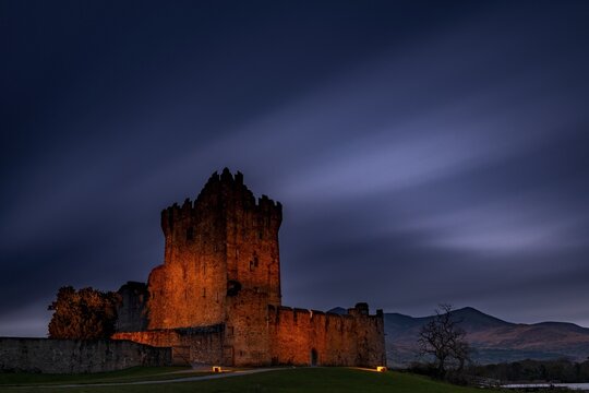 Ross Castle at blue hour with pond in foreground, Ross Castle, Killarny, County Kerry, Ireland