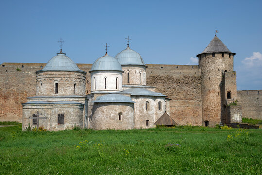 Ancient temples on the territory of the Ivangorod Fortress on a July day, Leningrad Region, Russia