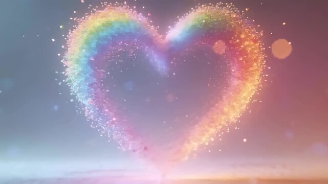 Glowing multicolored heart forming over mirror floor, base emission sending particles to keep shape