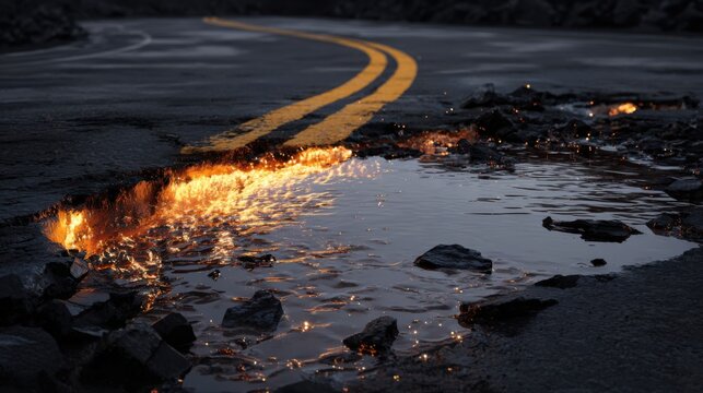 Cracked Road with Fire and Water Reflection in Twilight Lighting