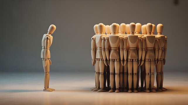 Sad wooden figure excluded from group. Concept of bullying, discrimination, isolation, loneliness, and mental health in society, workplace or school. 