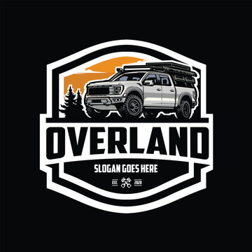 Overland adventure double cabin camper truck badge emblem logo vector illustration. Best for outdoor sport related industry
